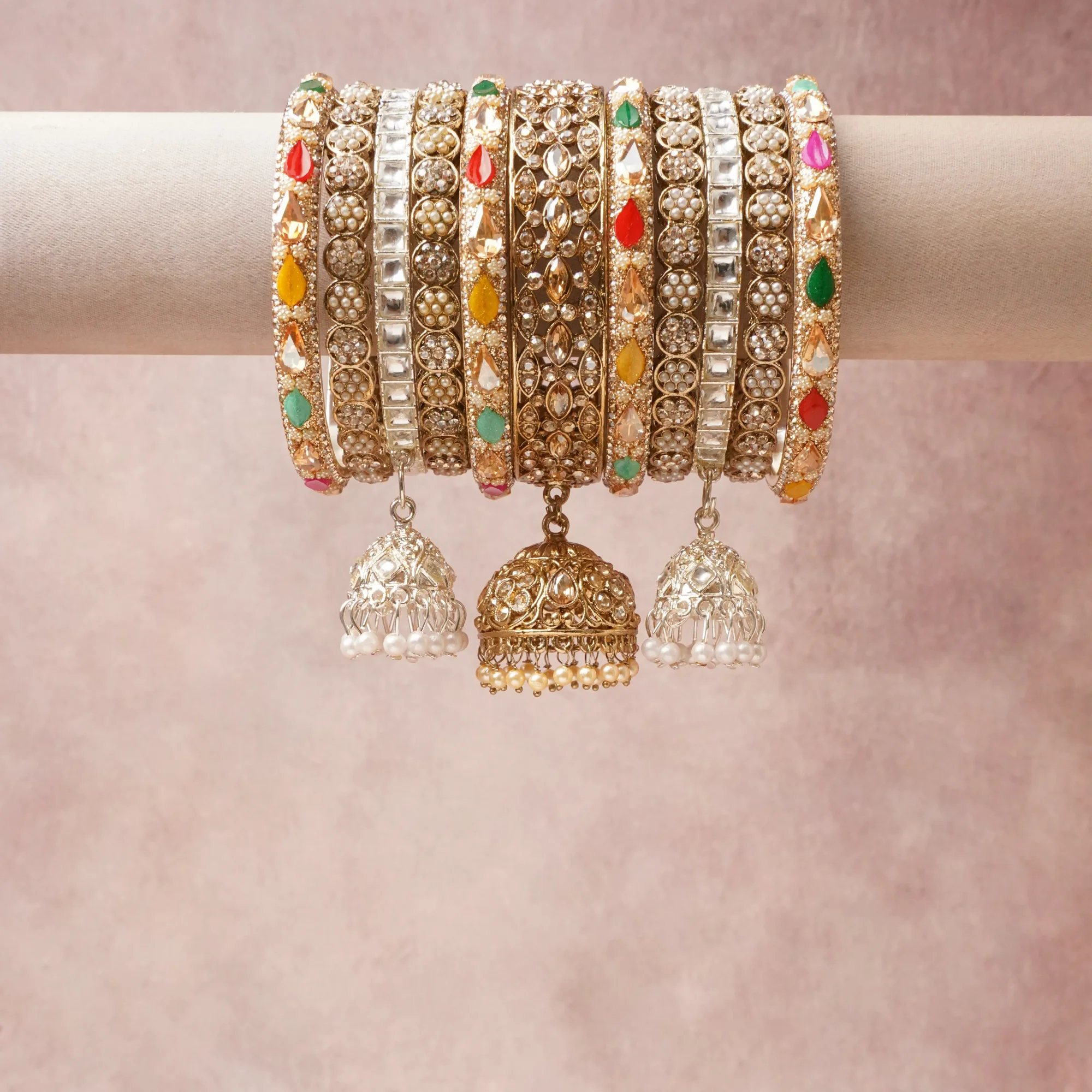 A commanding Antique Gold anchors this beautiful set, enriched with accents of Clear, Green, Red, Pink, Yellow, Orange that add depth and dimension.

Featuring a striking composition of Gold-toned Alloy, Silver-toned Alloy, Cubic Zirconia, Imitation Gemstones, Faux Pearls, this set carries intricate craftsmanship and strong presence. Grand in form, it is created for moments that deserve to be marked.